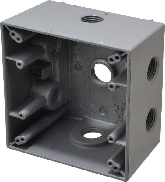 Cooper Crouse-Hinds - 2 Gang, (7) 1/2" Knockouts, Aluminum Square Outlet Box - 4-1/2" Overall Height x 4-1/2" Overall Width x 2-21/32" Overall Depth, Weather Resistant - Benchmark Tooling