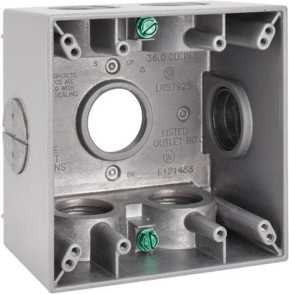 Cooper Crouse-Hinds - 2 Gang, (7) 1" Knockouts, Aluminum Square Outlet Box - 4-1/2" Overall Height x 4-1/2" Overall Width x 2-21/32" Overall Depth, Weather Resistant - Benchmark Tooling