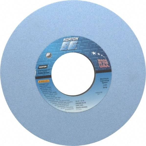 Norton - 10" Diam x 3" Hole x 1" Thick, K Hardness, 60 Grit Surface Grinding Wheel - Ceramic, Type 1, Medium Grade, 2,485 Max RPM, Vitrified Bond, No Recess - Benchmark Tooling