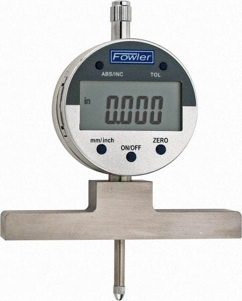 Fowler - 0" to 22" Alloy Steel Electronic Depth Gage - 0.0008" Accuracy, 0.01mm Resolution, 4" Base Length - Benchmark Tooling