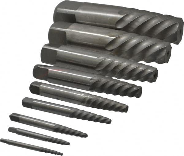 Interstate - 9 Piece Spiral Flute Screw Extractor Set - Screw Range 3/16 to 2-1/8" - Benchmark Tooling