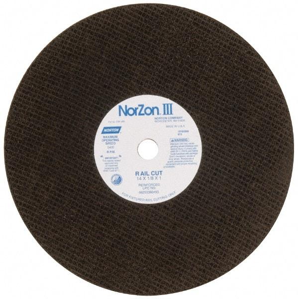 Norton - 14" 30 Grit Zirconia Alumina Cutoff Wheel - 1/8" Thick, 1" Arbor, 5,400 Max RPM, Use with Electric & Gas Powered Saws - Benchmark Tooling