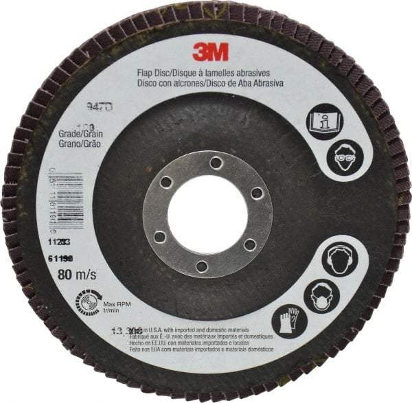 3M - 120 Grit, 4-1/2" Disc Diam, 7/8" Center Hole, Type 27 Ceramic Flap Disc - 13,300 Max RPM, Cloth Backing, Arbor Attaching System, Coated - Benchmark Tooling