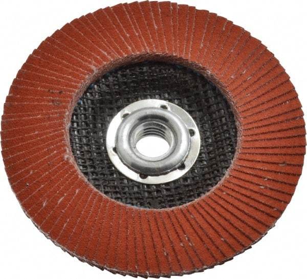 3M - 120 Grit, 4-1/2" Disc Diam, 5/8-11 Center Hole, Type 27 Ceramic Flap Disc - 13,300 Max RPM, Cloth Backing, Arbor Attaching System, Coated - Benchmark Tooling