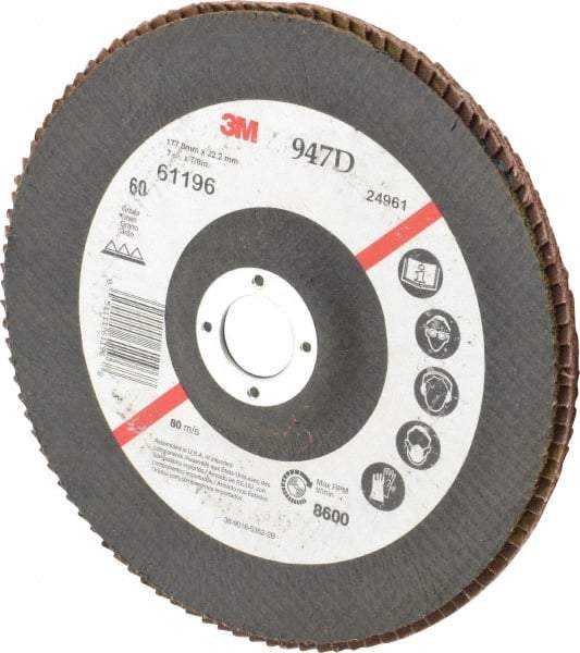 3M - 60 Grit, 7" Disc Diam, 7/8" Center Hole, Type 27 Ceramic Flap Disc - 8,600 Max RPM, Cloth Backing, Arbor Attaching System, Coated - Benchmark Tooling
