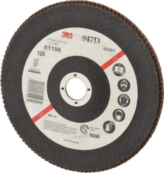 3M - 120 Grit, 7" Disc Diam, 7/8" Center Hole, Type 27 Ceramic Flap Disc - 8,600 Max RPM, Cloth Backing, Arbor Attaching System, Coated - Benchmark Tooling