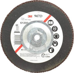 3M - 60 Grit, 7" Disc Diam, 5/8-11 Center Hole, Type 27 Ceramic Flap Disc - 8,600 Max RPM, Cloth Backing, Arbor Attaching System, Coated - Benchmark Tooling