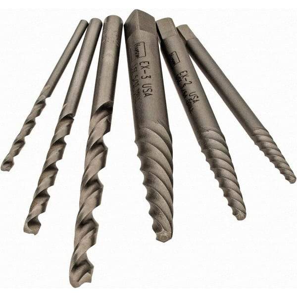 Irwin - 6 Piece Spiral Flute Screw Extractor Set - Screw Range 3/16 to 7/16" - Benchmark Tooling