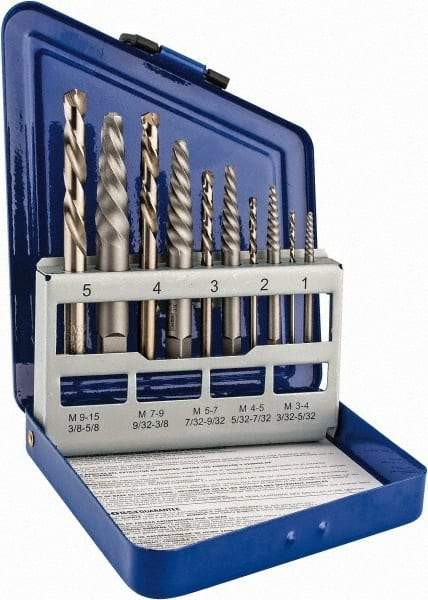 Irwin - 10 Piece Spiral Flute Screw Extractor & Drill Set - Screw Range 3/16 to 3/4" - Benchmark Tooling