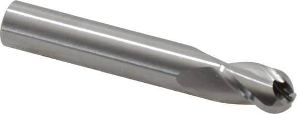 RobbJack - 7/16" Diam, 5/8" LOC, 3 Flute Solid Carbide Ball End Mill - Uncoated, Single End, 2-3/4" OAL, 7/16" Shank Diam, Spiral Flute - Benchmark Tooling