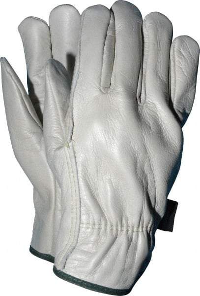 MCR Safety - Size M (8) Grain Cowhide General Protection Work Gloves - For Work & Driver, Uncoated, Slip-On Cuff, Full Fingered, Cream/Green, Paired - Benchmark Tooling