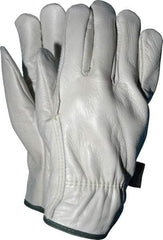 MCR Safety - Size M (8) Grain Cowhide General Protection Work Gloves - For Work & Driver, Uncoated, Slip-On Cuff, Full Fingered, Cream/Green, Paired - Benchmark Tooling