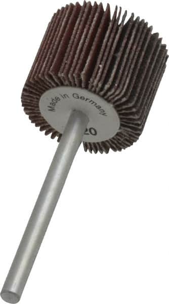 Value Collection - 3/4" Diam x 5/8" Face Width, Extra Fine Aluminum Oxide Coated Mounted Flap Wheel - 1/8" Shank Mount, 320 Grit, X Weighted Cloth Backing, 35,000 Max RPM - Benchmark Tooling