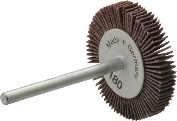 Value Collection - 1-3/16" Diam x 3/16" Face Width, Very Fine Aluminum Oxide Coated Mounted Flap Wheel - 1/8" Shank Mount, 180 Grit, X Weighted Cloth Backing, 30,000 Max RPM - Benchmark Tooling