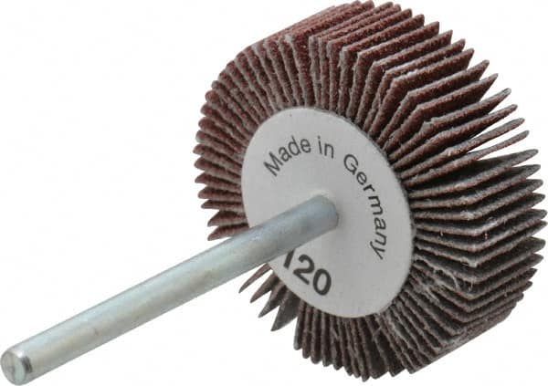 Value Collection - 1-3/16" Diam x 3/8" Face Width, Fine Aluminum Oxide Coated Mounted Flap Wheel - 1/8" Shank Mount, 120 Grit, X Weighted Cloth Backing, 30,000 Max RPM - Benchmark Tooling