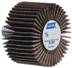 Norton - 1" Diam x 5/8" Face Width, Fine Aluminum Oxide Coated Mounted Flap Wheel - 1/4-20 Threaded Mount, 120 Grit, Cloth Backing, 30,000 Max RPM - Benchmark Tooling