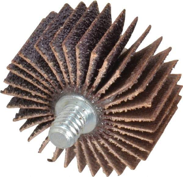 Norton - 1-3/8" Diam x 5/8" Face Width, Medium Aluminum Oxide Coated Mounted Flap Wheel - 1/4-20 Threaded Mount, 60 Grit, Cloth Backing, 30,000 Max RPM - Benchmark Tooling