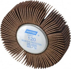 Norton - 2" Diam x 1/2" Face Width, Fine Aluminum Oxide Coated Mounted Flap Wheel - 1/4-20 Threaded Mount, 120 Grit, Cloth Backing, 23,000 Max RPM - Benchmark Tooling
