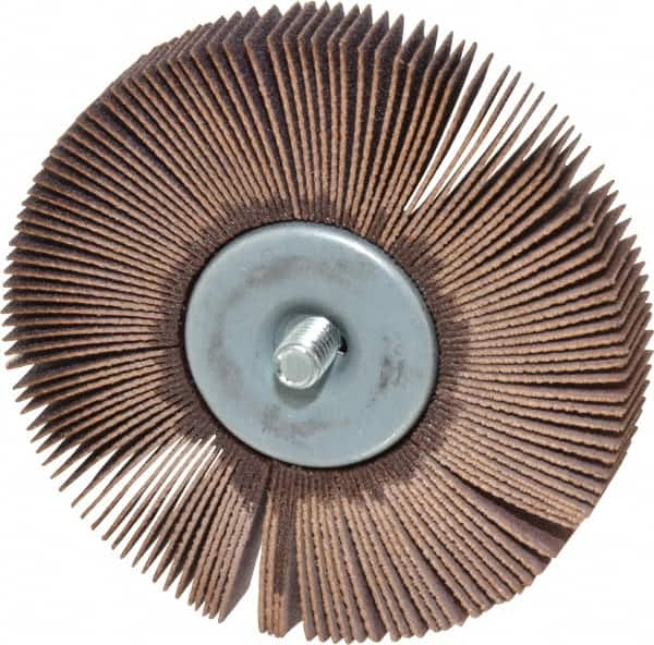 Norton - 3" Diam x 1/2" Face Width, Fine Aluminum Oxide Coated Mounted Flap Wheel - 1/4-20 Threaded Mount, 120 Grit, Cloth Backing, 20,000 Max RPM - Benchmark Tooling