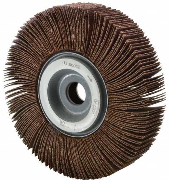 Norton - 3" Diam x 1" Face Width, Fine Aluminum Oxide Nonwoven & Coated Mounted Flap Wheel - 1/4" Shank Mount, 120 Grit, Interleaf, Cloth Backing, 12,000 Max RPM - Benchmark Tooling