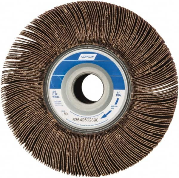 Norton - 6" Diam, 80 Grit Aluminum Oxide Unmounted Flap Wheel - 1" Hole, 3" Wide, Coated, Medium Grade, 6,200 Max RPM , Cloth Backing - Benchmark Tooling