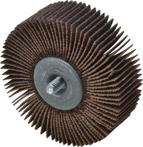 Norton - 3" Diam x 1" Face Width, Medium Aluminum Oxide Coated Mounted Flap Wheel - 1/4-20 Threaded Mount, 60 Grit, Cloth Backing, 20,000 Max RPM - Benchmark Tooling