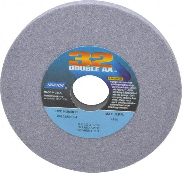 Norton - 6" Diam x 1-1/4" Hole x 1/2" Thick, K Hardness, 60 Grit Surface Grinding Wheel - Aluminum Oxide, Type 1, Medium Grade, 4,140 Max RPM, Vitrified Bond, No Recess - Benchmark Tooling