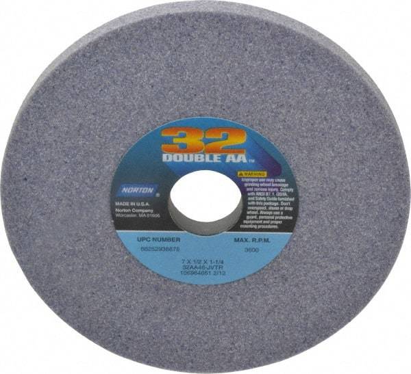 Norton - 7" Diam x 1-1/4" Hole x 1/2" Thick, J Hardness, 46 Grit Surface Grinding Wheel - Aluminum Oxide, Type 1, Coarse Grade, 3,600 Max RPM, Vitrified Bond, No Recess - Benchmark Tooling