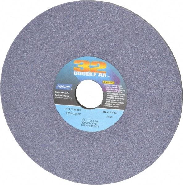 Norton - 8" Diam x 1-1/4" Hole x 1/4" Thick, K Hardness, 80 Grit Surface Grinding Wheel - Aluminum Oxide, Type 1, Medium Grade, 3,600 Max RPM, Vitrified Bond, No Recess - Benchmark Tooling