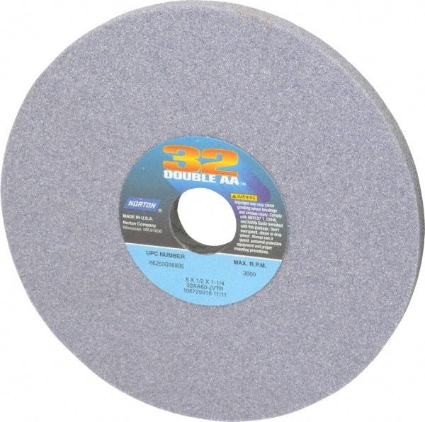 Norton - 8" Diam x 1-1/4" Hole x 1/2" Thick, J Hardness, 60 Grit Surface Grinding Wheel - Aluminum Oxide, Type 1, Medium Grade, 3,600 Max RPM, Vitrified Bond, No Recess - Benchmark Tooling