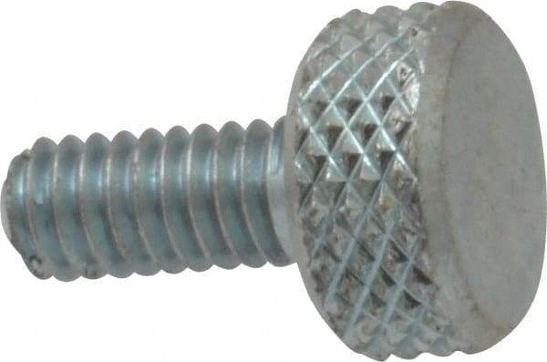 Electro Hardware - #8-32 Knurled Shoulderless Brass Thumb Screw - 9/16" OAL, 3/8" Head Diam x 3/16" Head Height, Zinc-Plated Finish - Benchmark Tooling