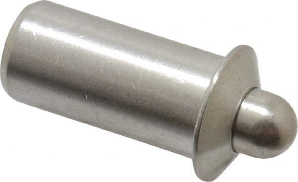 Vlier - 0.786" Body Len x 3/8" Body Diam, 0.234" Plunger Diam, 5 Lb Init to 14 Lb Final End Force, 0.786" Len Under Flange, Stainless Steel Press Fit Spring Plunger - 1/2" Flange Diam, 0.096" Flange Thickness, 0.882" Plunger Len, 3/16" Plunger Projection - Benchmark Tooling