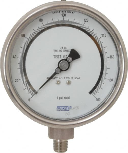 Wika - 4" Dial, 1/4 Thread, 0-200 Scale Range, Pressure Gauge - Lower Connection Mount, Accurate to 0.25% of Scale - Benchmark Tooling
