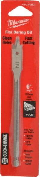 Milwaukee Tool - 1/2", 1/4" Straight Shank, Bright Finish, Carbon Steel, Spade Blade Drill Bit - 2 Spurs, 6-3/8" Overall Length, Wire Fishing Hole - Benchmark Tooling