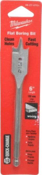 Milwaukee Tool - 3/4", 1/4" Straight Shank, Bright Finish, Carbon Steel, Spade Blade Drill Bit - 2 Spurs, 6-3/8" Overall Length, Wire Fishing Hole - Benchmark Tooling
