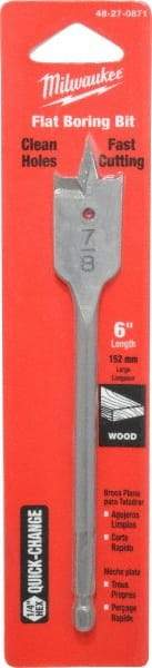 Milwaukee Tool - 7/8", 1/4" Straight Shank, Bright Finish, Carbon Steel, Spade Blade Drill Bit - 2 Spurs, 6-3/8" Overall Length, Wire Fishing Hole - Benchmark Tooling
