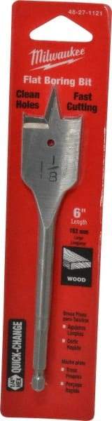 Milwaukee Tool - 1-1/8", 1/4" Straight Shank, Bright Finish, Carbon Steel, Spade Blade Drill Bit - 2 Spurs, 6-3/8" Overall Length, Wire Fishing Hole - Benchmark Tooling