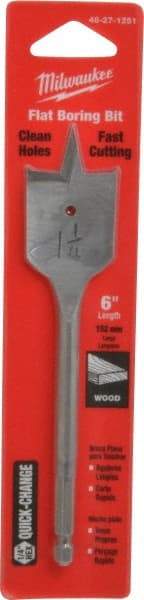 Milwaukee Tool - 1-1/4", 1/4" Straight Shank, Bright Finish, Carbon Steel, Spade Blade Drill Bit - 2 Spurs, 6-3/8" Overall Length, Wire Fishing Hole - Benchmark Tooling
