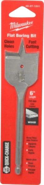 Milwaukee Tool - 1-1/2", 1/4" Straight Shank, Bright Finish, Carbon Steel, Spade Blade Drill Bit - 2 Spurs, 6-3/8" Overall Length, Wire Fishing Hole - Benchmark Tooling