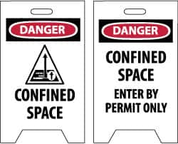 NMC - Danger - Confined Space, Danger - Confined Space - Enter by Permit Only, 12" Wide x 19" High, Plastic Floor Sign - A-Frame, Red & Black on White, For Accident Prevention - Benchmark Tooling