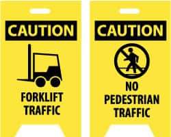 NMC - Caution - Forklift Traffic, Caution - No Pedestrian Traffic, 12" Wide x 19" High, Plastic Floor Sign - A-Frame, Black on Yellow, For Accident Prevention - Benchmark Tooling