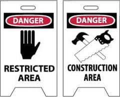 NMC - Danger - Restricted Area, Danger - Construction Area, 12" Wide x 19" High, Plastic Floor Sign - A-Frame, Red & Black on White, For Security & Admittance - Benchmark Tooling