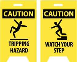 NMC - Caution - Tripping Hazard, Caution - Watch Your Step, 12" Wide x 19" High, Plastic Floor Sign - A-Frame, Black on Yellow, For Accident Prevention - Benchmark Tooling