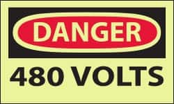 NMC - Accident Prevention Label, Header: DANGER - Legend: Danger - 480 Volts, English, Red & Black & Yellow, 5" Long x 3" High, Sign Muscle Finish - Benchmark Tooling