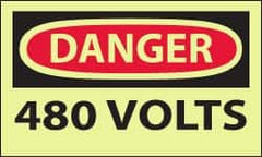 NMC - Accident Prevention Label, Header: DANGER - Legend: Danger - 480 Volts, English, Red & Black & Yellow, 5" Long x 3" High, Sign Muscle Finish - Benchmark Tooling