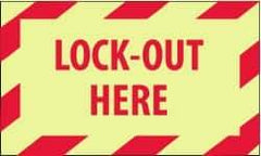 NMC - Accident Prevention Label - Legend: Lock-Out Here, English, Red on White, 5" Long x 3" High, Sign Muscle Finish - Benchmark Tooling