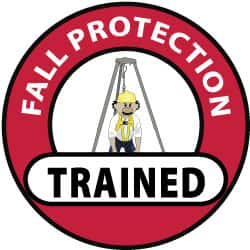 NMC - Fall Protection Trained, Hard Hat Label - Black, Red & Yellow on White, 2" Thick, For Accident Prevention - Benchmark Tooling