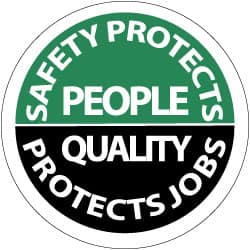 NMC - Safety Protects People - Quality Protects Job, Hard Hat Label - White on Green & Black, 2" Thick, For Accident Prevention - Benchmark Tooling