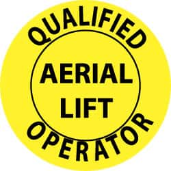 NMC - Qualified Aerial Lift Operator, Hard Hat Label - Black on Yellow, 2" Thick, For Certified Operator - Benchmark Tooling