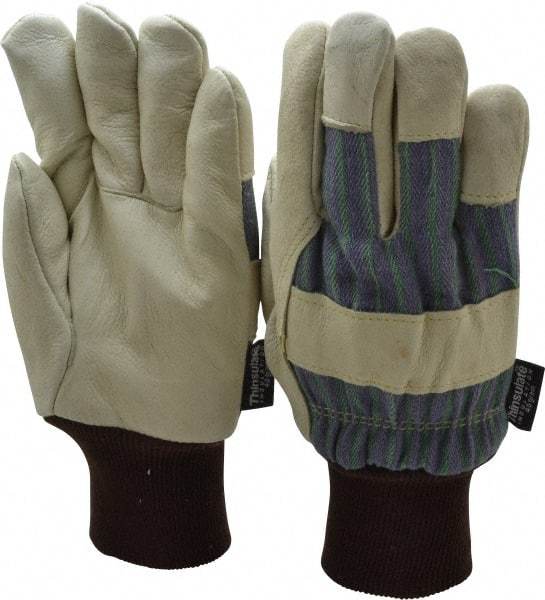 PRO-SAFE - Size L (9) Grain Pigskin Cold Protection Work Gloves - For General Purpose, Uncoated, Knit Wrist Cuff, Full Fingered, White/Blue/Green, Paired - Benchmark Tooling
